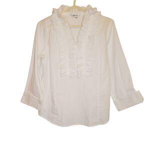 Appraisal White Ruffled Front V Neck Long Sleeved Cotton Blouse Large romantic